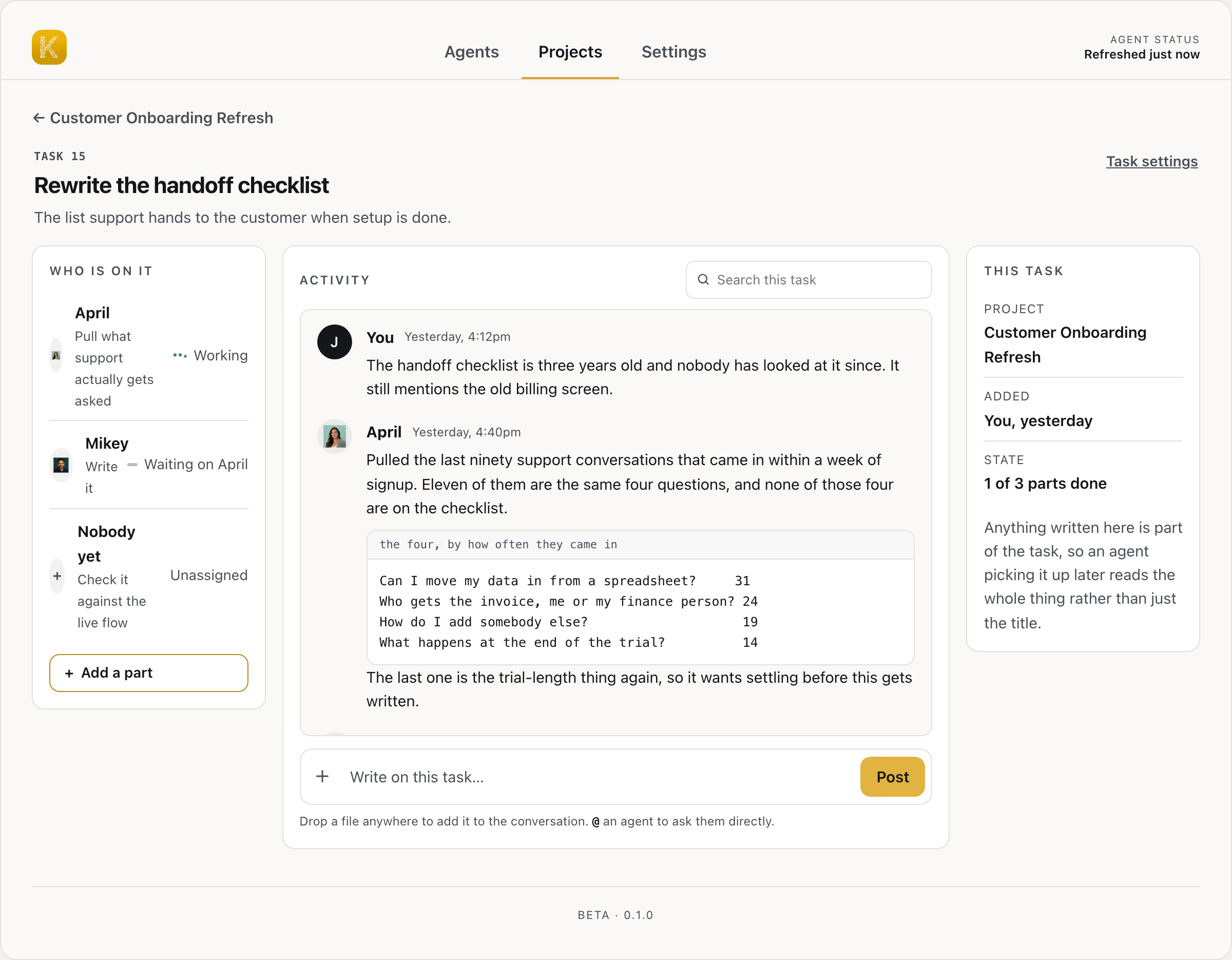 Task 15, Rewrite the handoff checklist: one task split into parts across April and Mikey